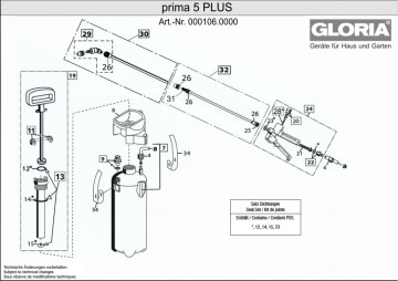 Onderdelentekening Zuurbestendige Drukspuit Gloria Prima 5 Plus - 5 liter