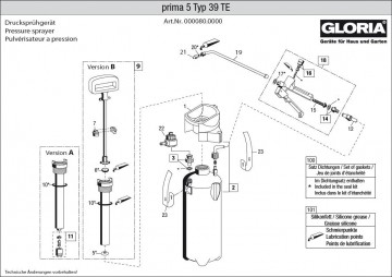 Onderdelentekening Gloria drukspuit Prima 5 typ 39 TE