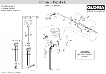 Onderdelentekening Drukspuit Gloria Prima 5 Type 42 E -  5 liter